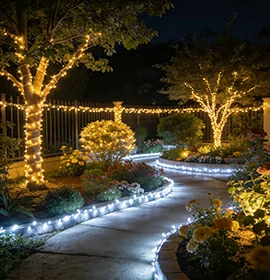 Linear lighting along a landscaped water edge
