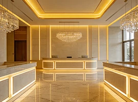 Hotel lobby with warm LED cove lighting