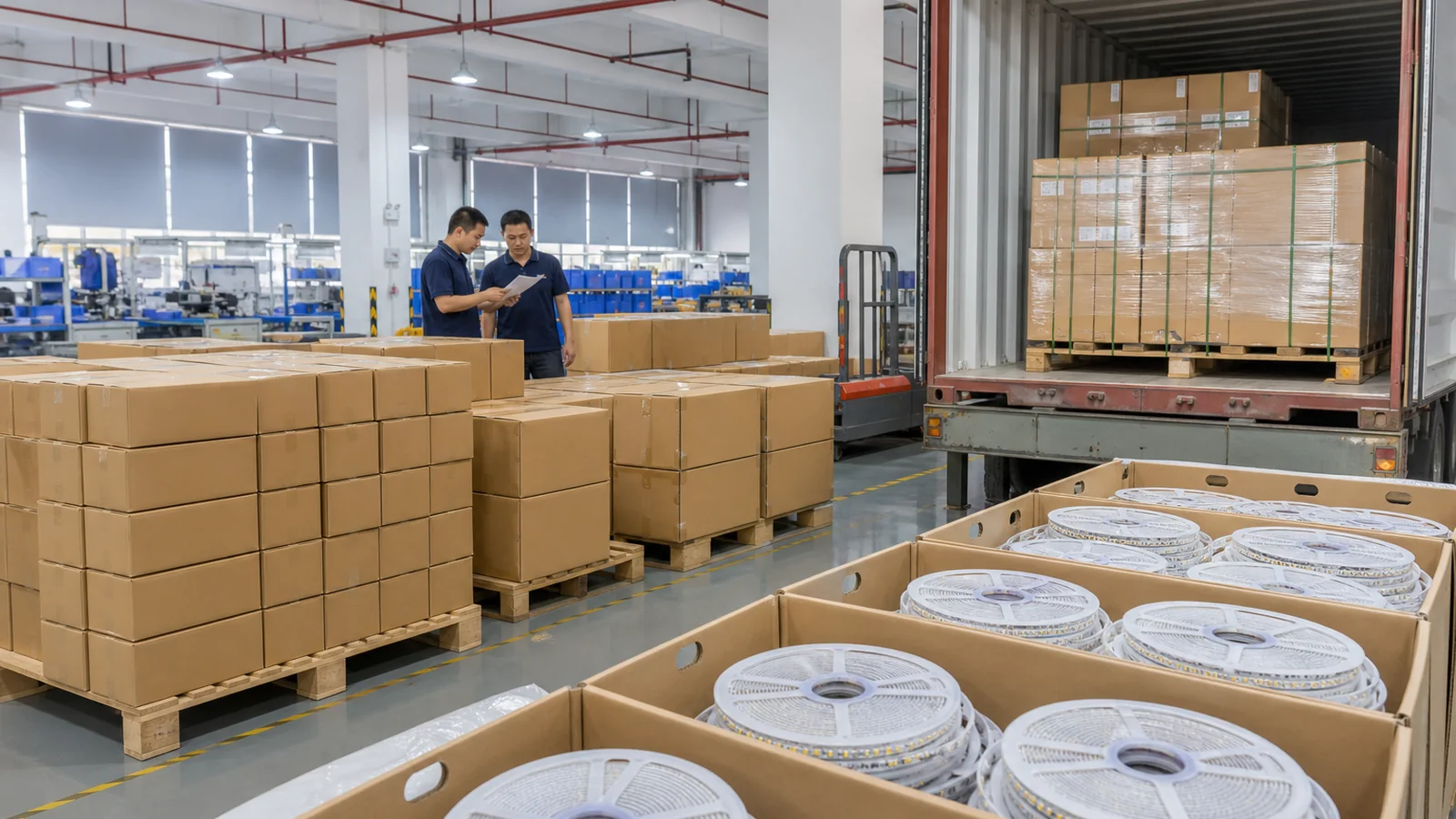 Export cartons and LED strip reels prepared for a wholesale shipment