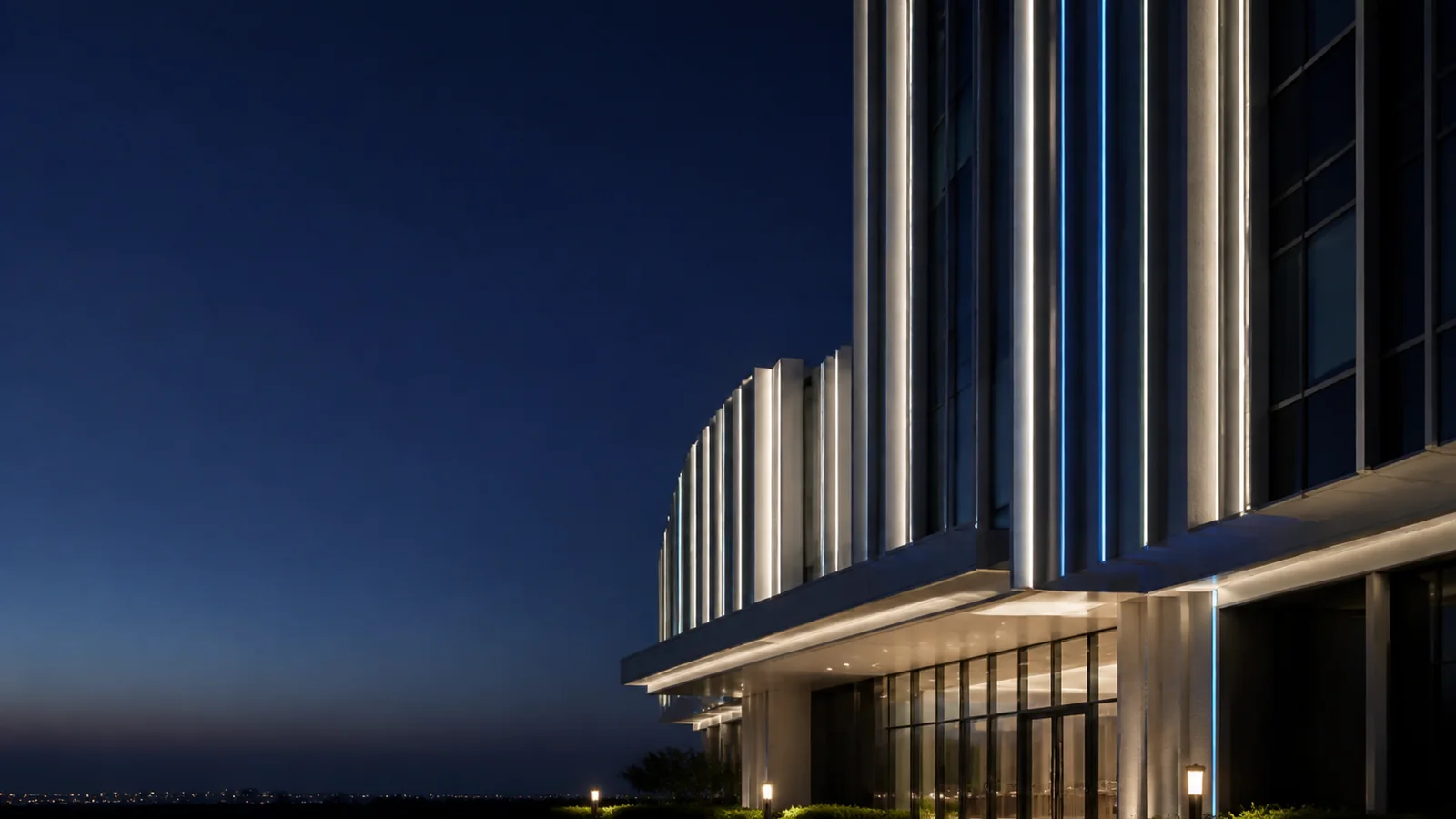 Commercial facade with outdoor linear LED lighting