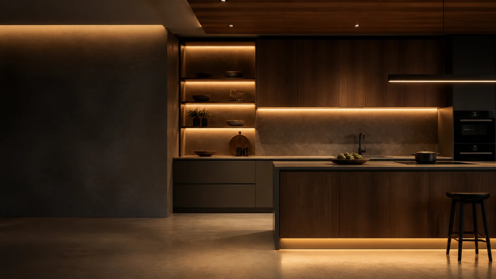 Warm linear lighting suitable for hotel guest-room joinery