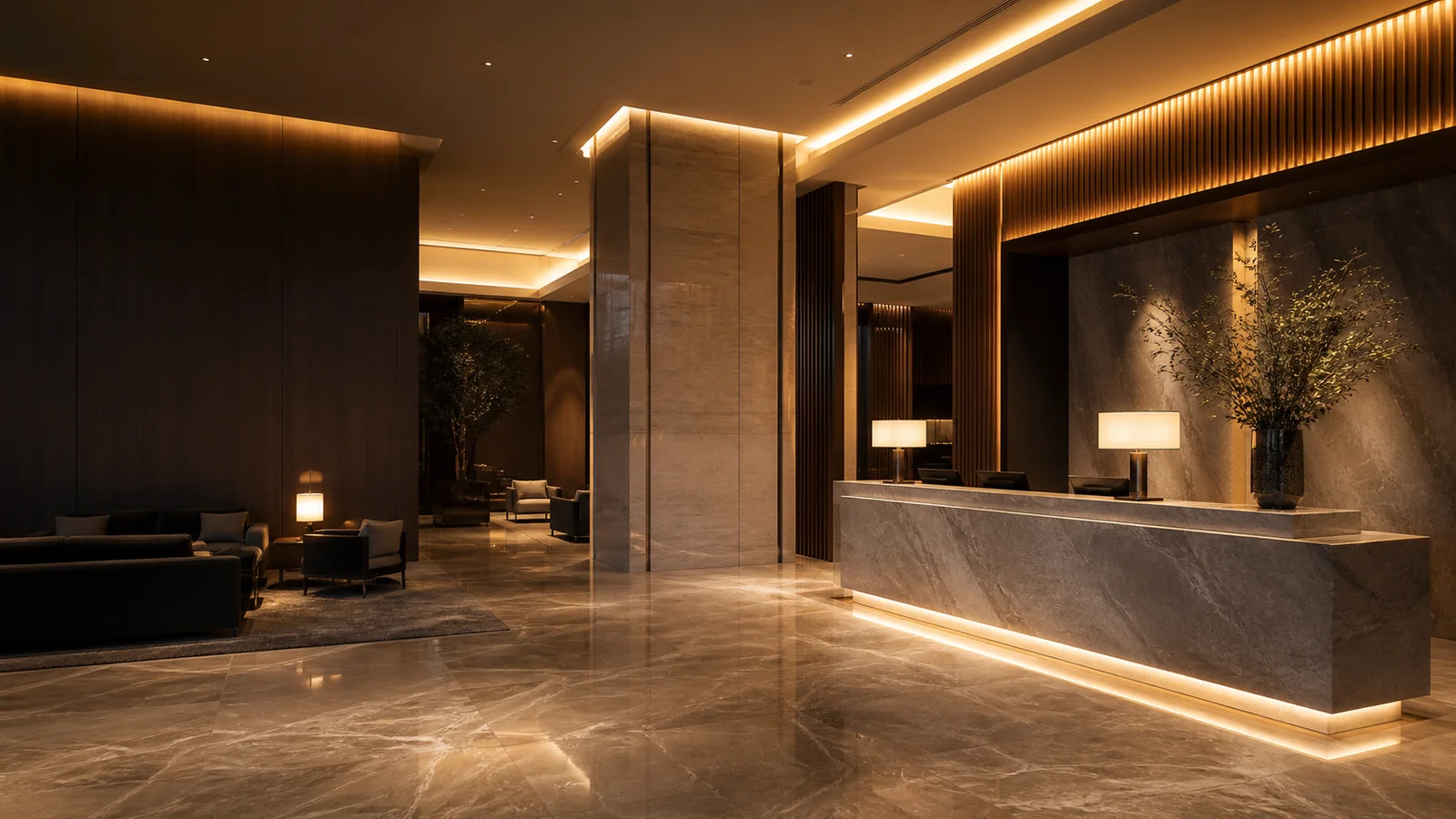 Saudi hospitality interior with warm LED cove lighting