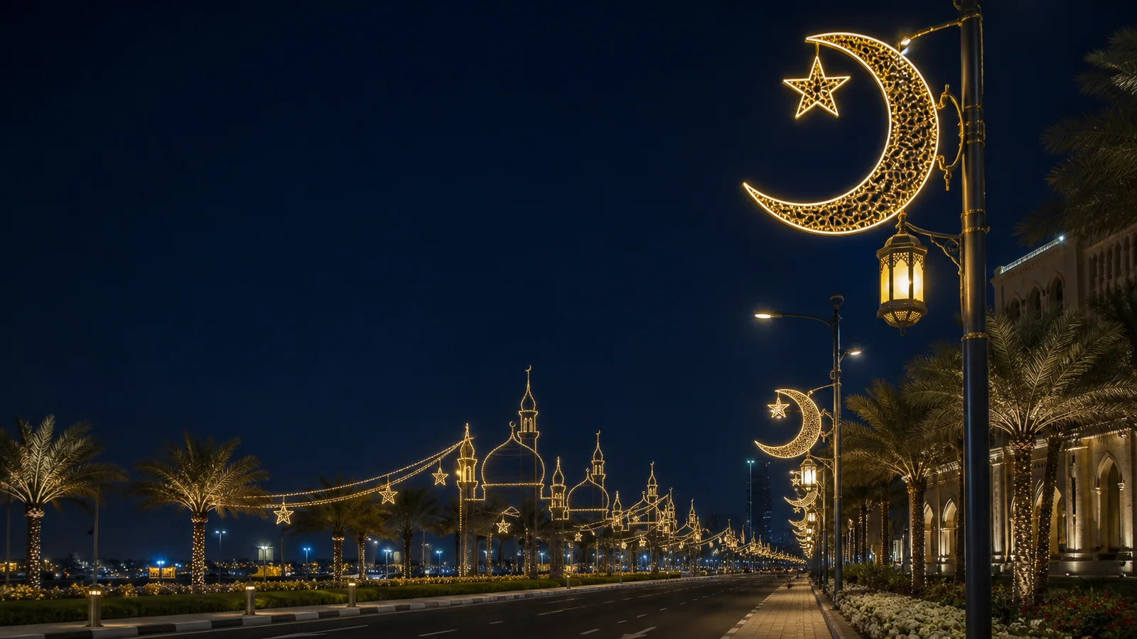 Warm architectural lighting on a mosque district during Ramadan