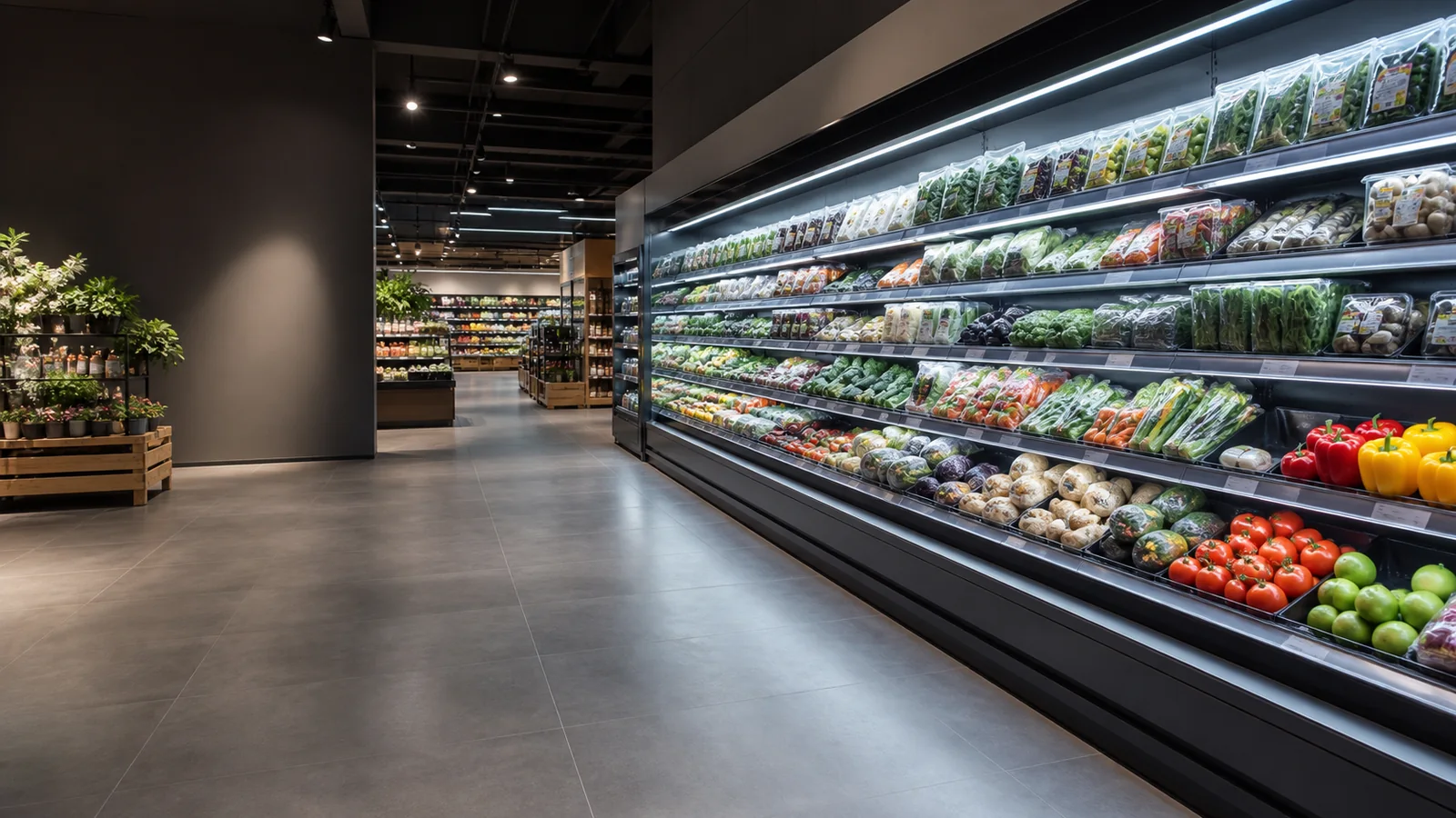 Neutral white LED strip lighting integrated into supermarket shelves