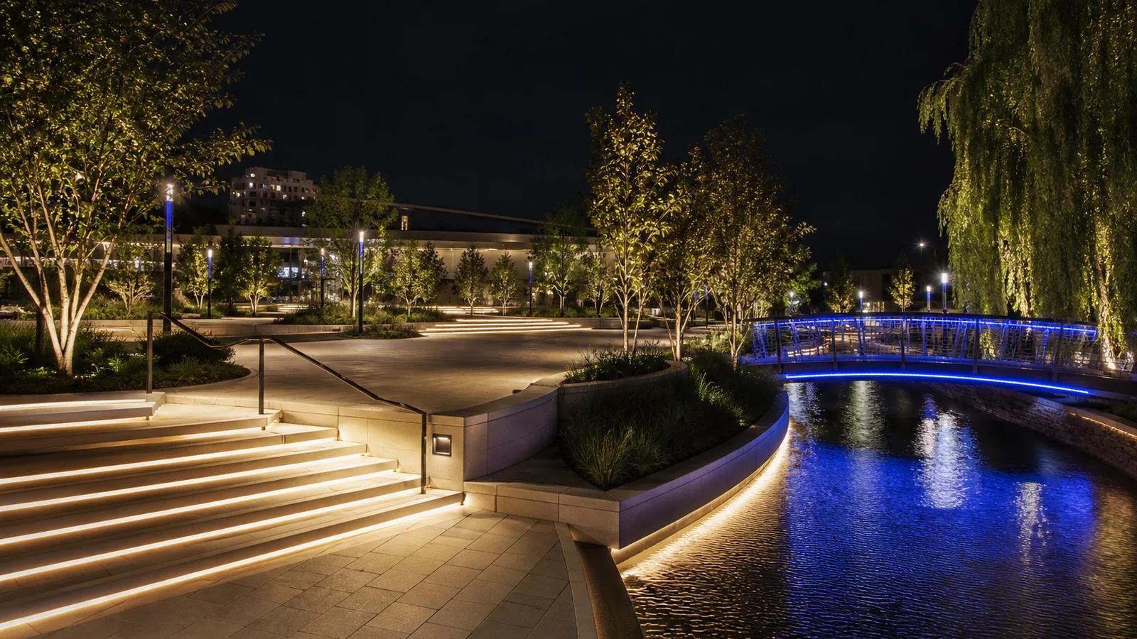 Controlled RGBW lighting in a public plaza landscape