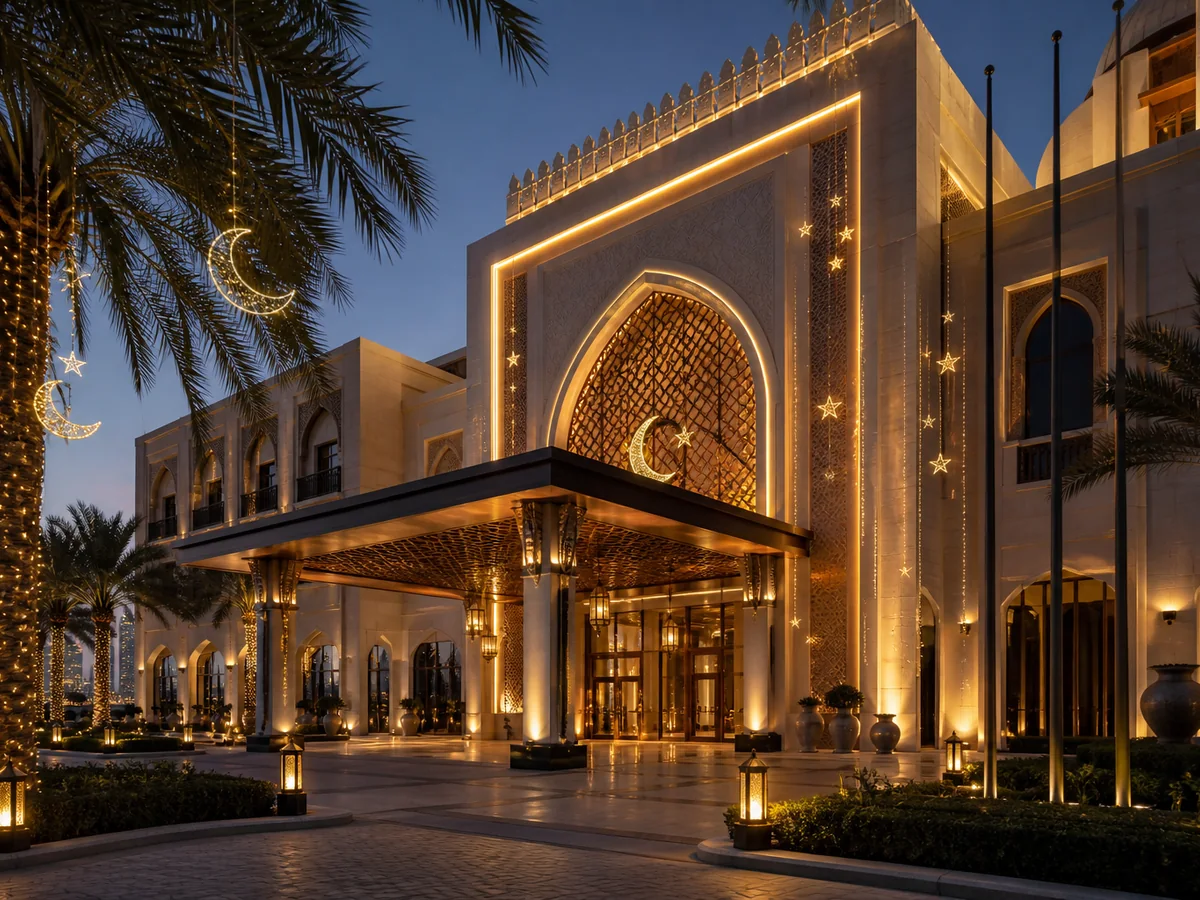 Ramadan lighting concept for a Gulf-region hotel facade